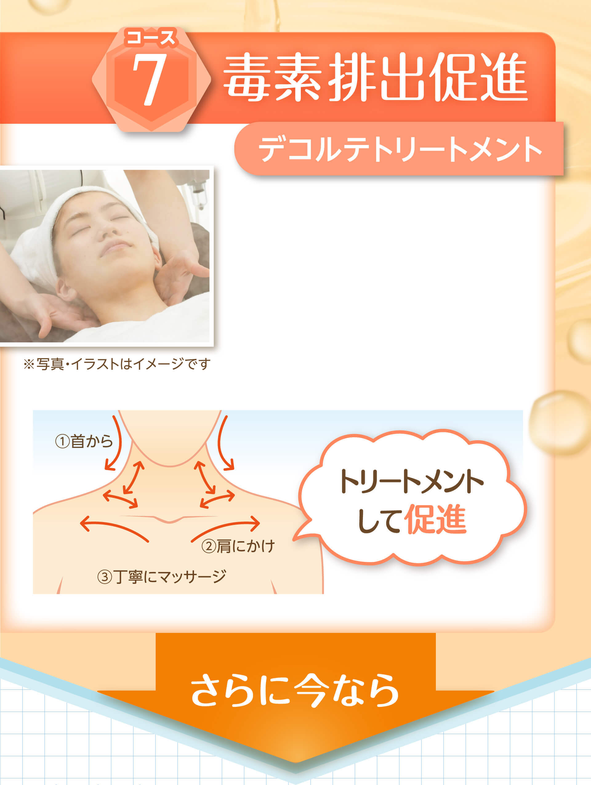 コース7 毒素排出促進 デコルテトリートメント トリートメントして促進 ①首から ②肩にかけ ③丁寧にマッサージ さらに今なら